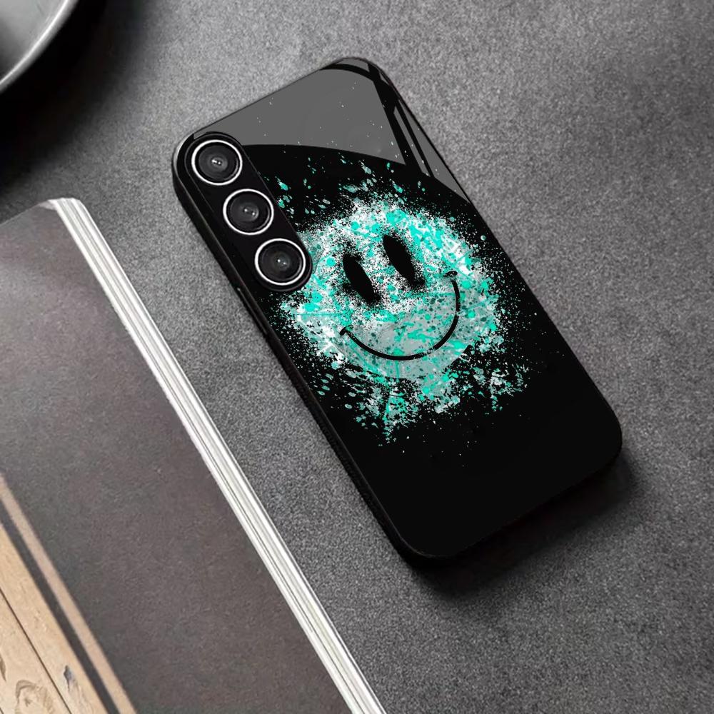Emoji Light Blue Smile Face PhoneCase Glass PhoneCase for Samsung Galaxy S26 S25 S24 S23 S22 S21 FE Ultra Plus Dropresistant