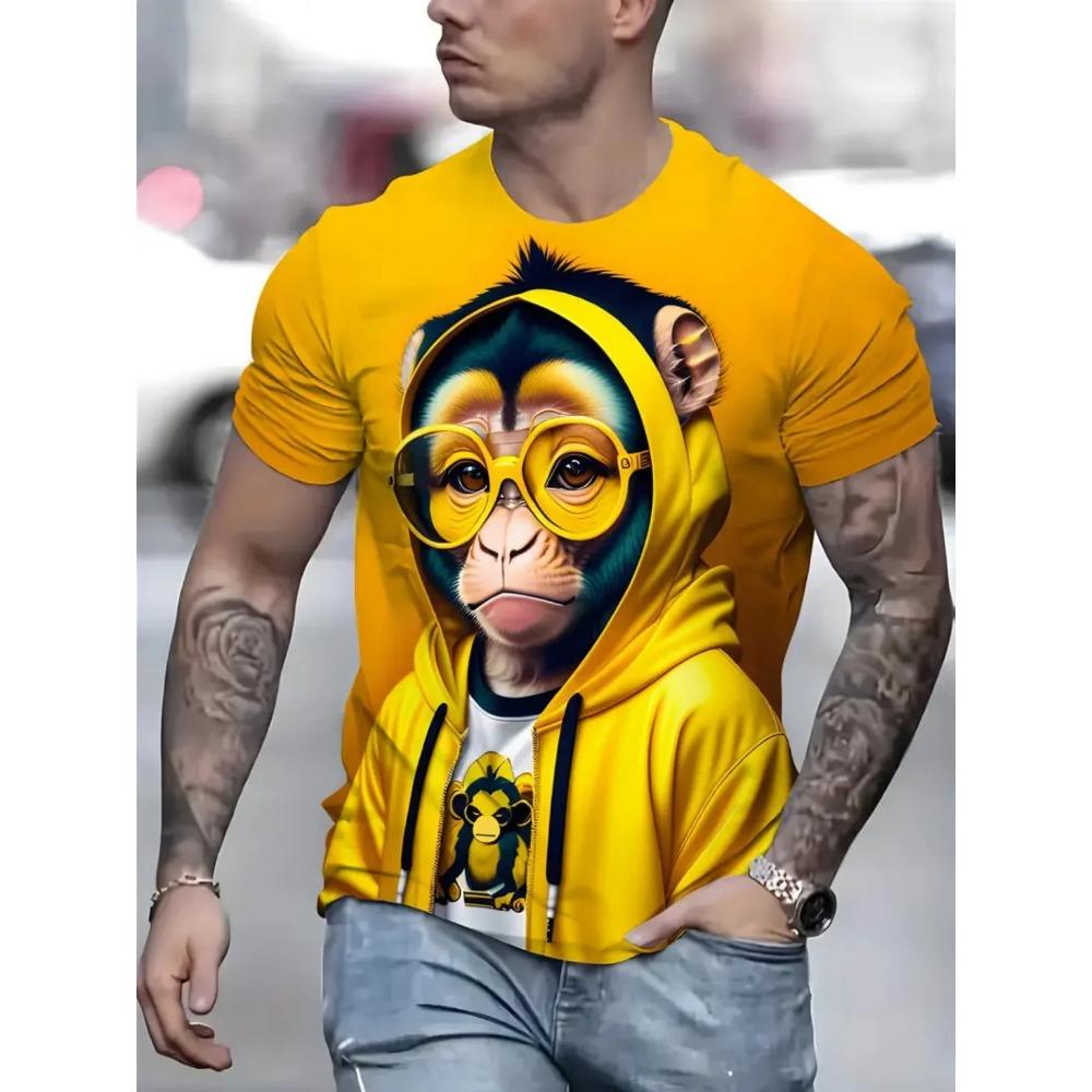 Summer Men Monkey Pattern T-Shirt Hip Pop Short Sleeve Fashion Comfortable Soft Large Size Round Neck T-Shirt