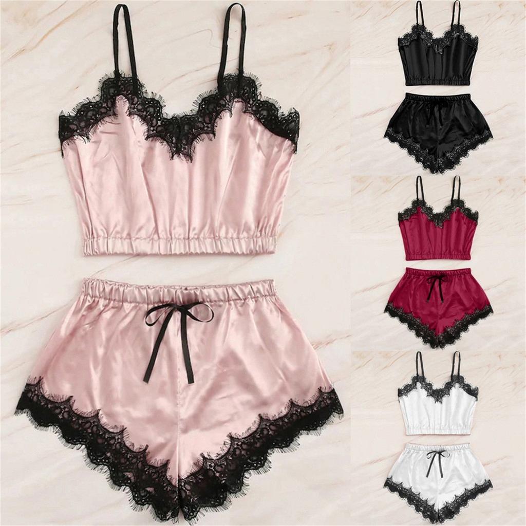 Damen Nachtwäsche Spitzenbesatz Nachtwäsche Satin Cami Pyjama Sets