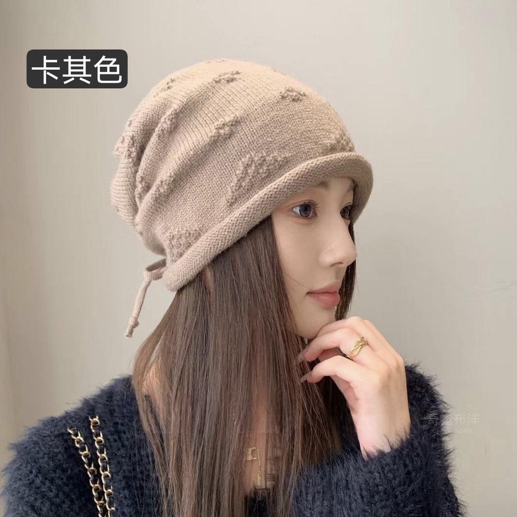 Pile Hats Women's Autumn and Winter Versatile Warm Hemming Knitted Cold Hats Big Head Circumference Showing Face Small Wool Hats