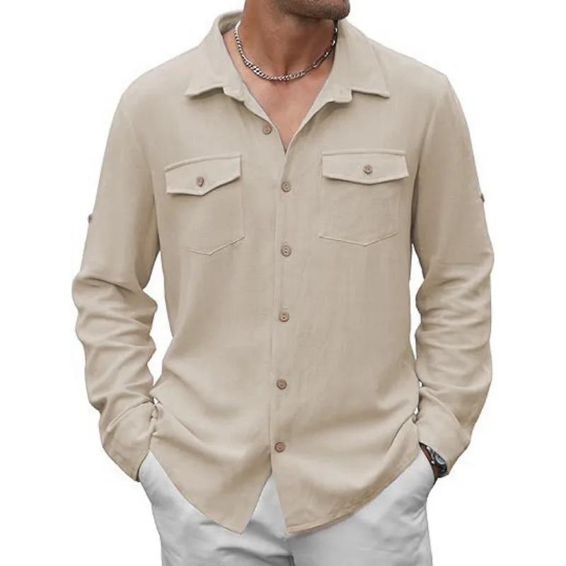 Long Sleeve Shirt Casual Vaion Fashion Japanese Style New Men's Shirt Double Pocket Cotton Linen