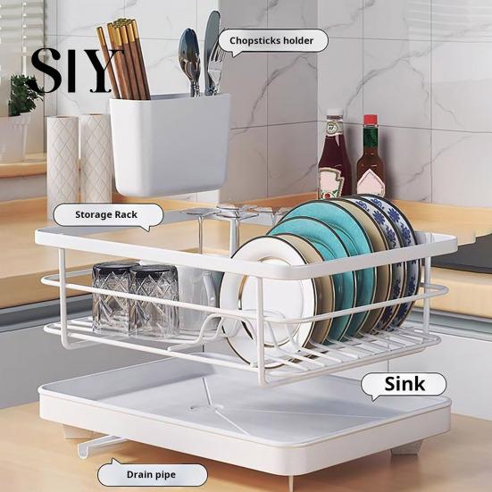 Carbon Steel Dish Storage Rack Drying Large Capacity Non-Slip Design Stable Auto-Drain Easy to Install Space-Saving Kitchen Counter with Cutlery