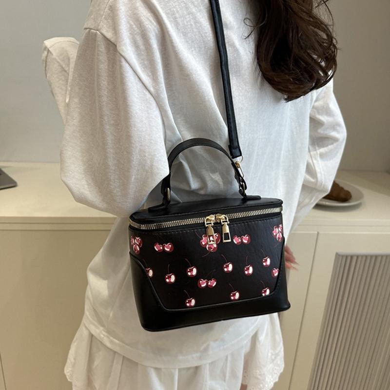 Chic Small Square PU Bag with Cherry Design Women's Trendy Crossbody Bag Sophisticate Commuter Handbag