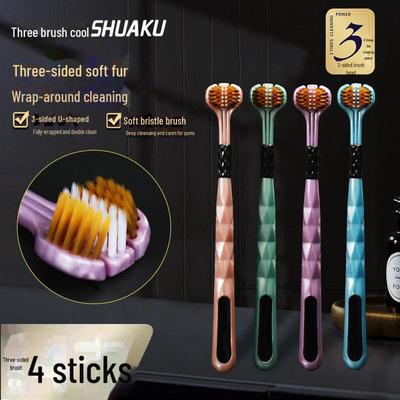 High-Quality Three-Sided Adult Toothbrush with Soft Bristles for Tongue and Gum Care, Home Use.