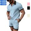 Set da Spiaggia Due Pezzi da Uomo Casual a Blocchi di Colore con Maniche Corte e Pantaloncini