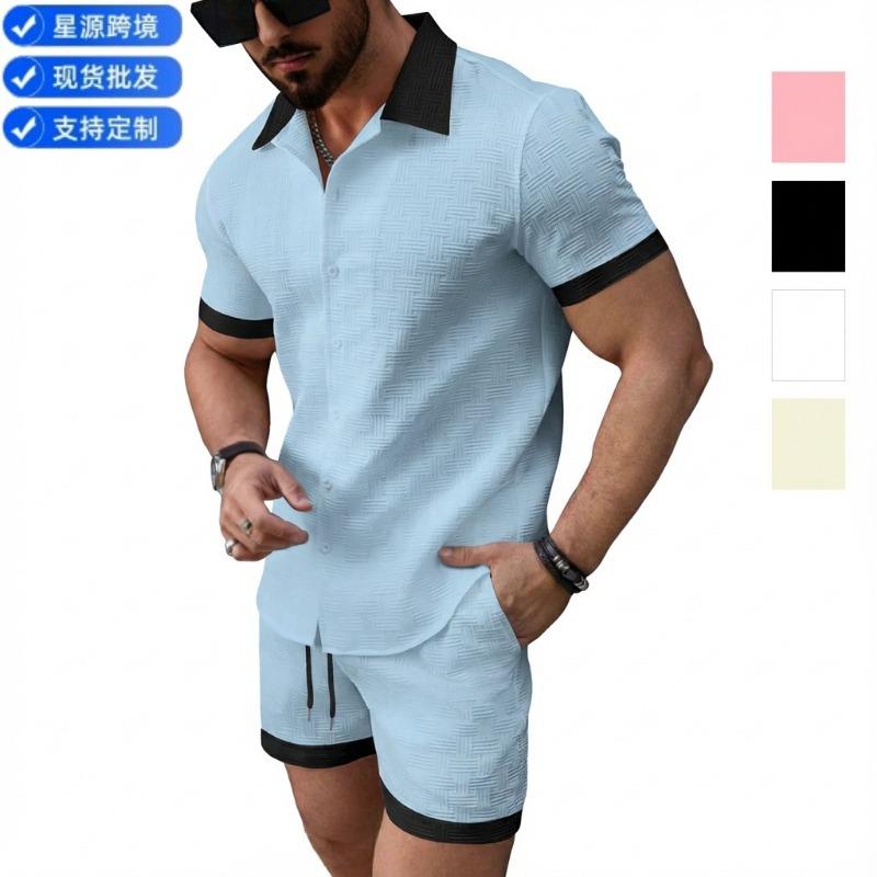 Set da Spiaggia Due Pezzi da Uomo Casual a Blocchi di Colore con Maniche Corte e Pantaloncini