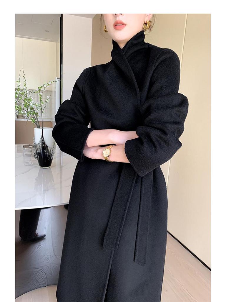 Women's Double-Faced Wool Overcoat with Tie Waist - Extra Long Lapel, Autumn/Winter.