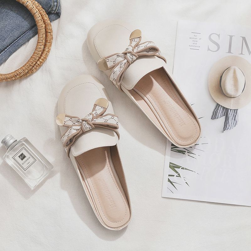 Baotou half slippers women's summer wear 2025 new flat-bottomed bow non-slip lazy Muller French cool slippers