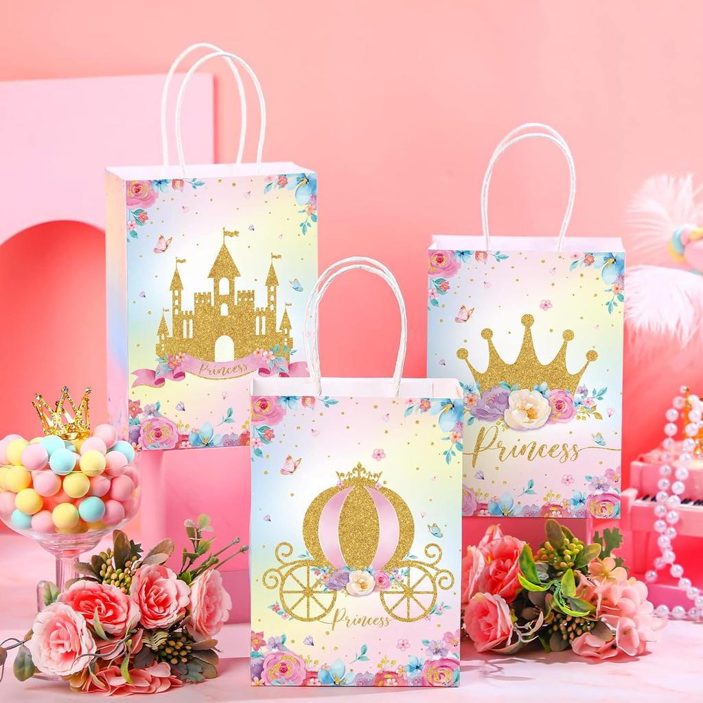24 Pcs Princess Prince Party Favor Bags Prince Princess Castle Party Bags Princess Treat Bags with Handles Candy Goodie Bags for Gender Reveal Party