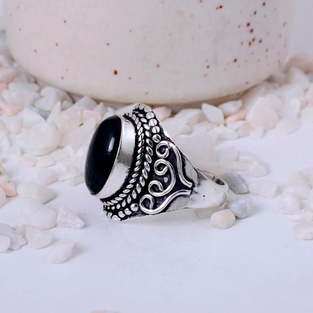 Black Onyx Antique Silver Plated Statement Ring | Boho Filigree Brass Jewelry | Oval Protection Stone Ring