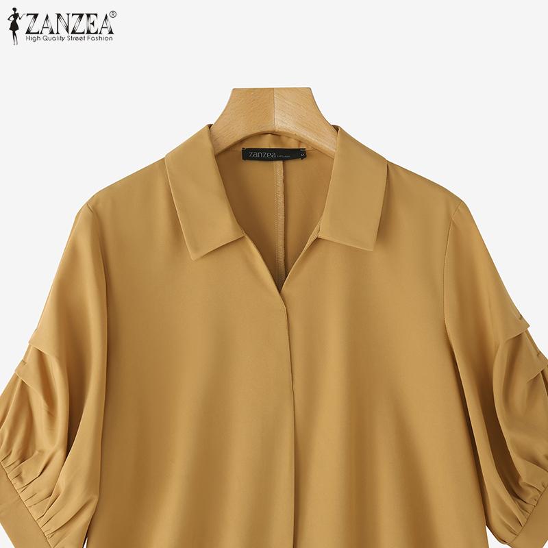 ZANZEA Women Turn Down Collar Loose Casual Half Sleeve Plain Blouse
