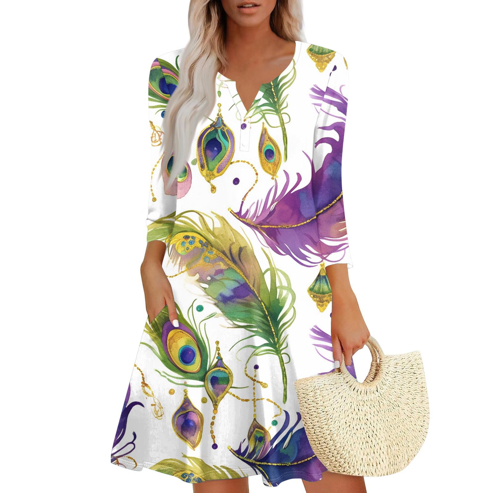 

Women s Dress Loose V Neck Three-quarter Sleeve With Pockets Dress M білий