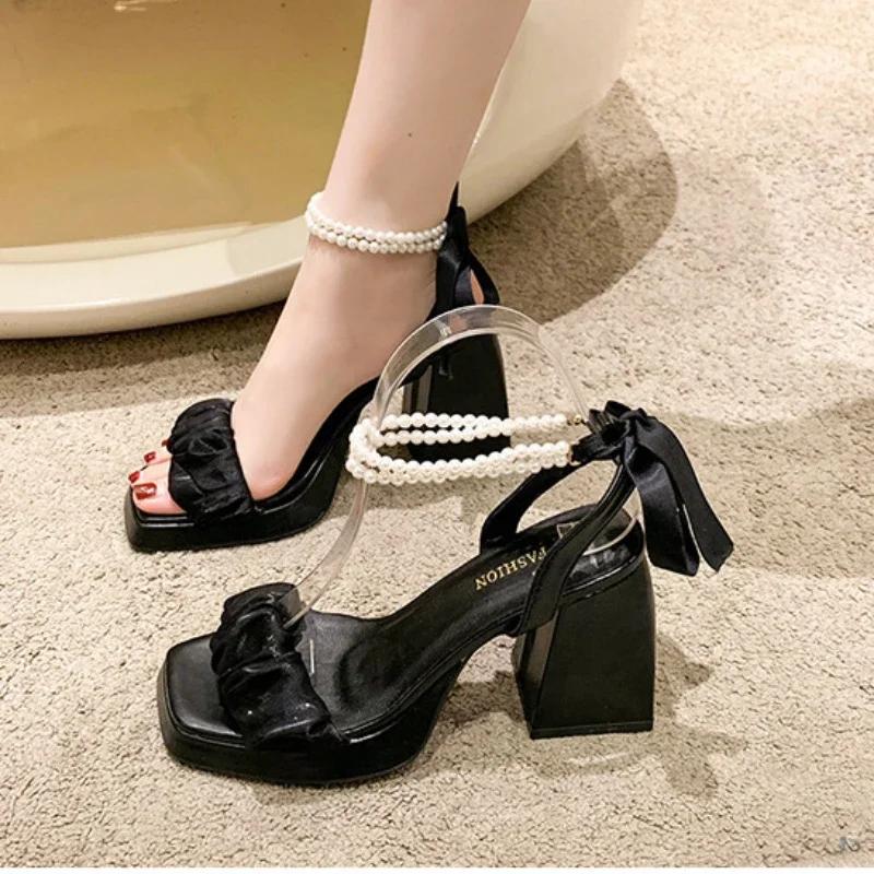 Modeschuhe für Damen Perlensandalen Anzug Damen Beige Erhöhende Höhe Blockabsätze Alleskönner Schwarz Schleife Mode Klobige Sandalen