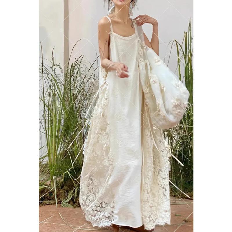 Womens Spaghetti Strap Lace Patchwork Maxi Dress Casual Loose Long Dress OneSize белый