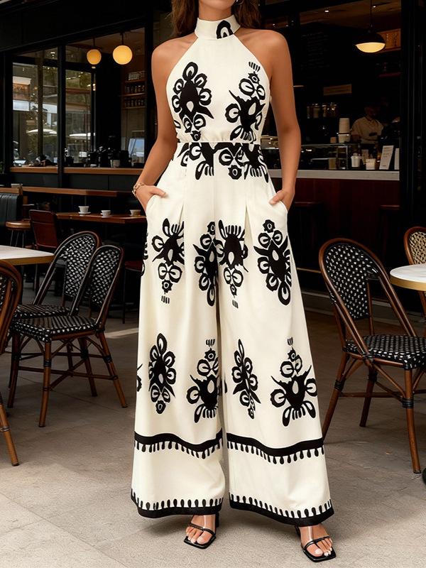 Summer Style Women's Sleeveless Printed Jumpsuit with Tie-Up Wide-Leg Pants