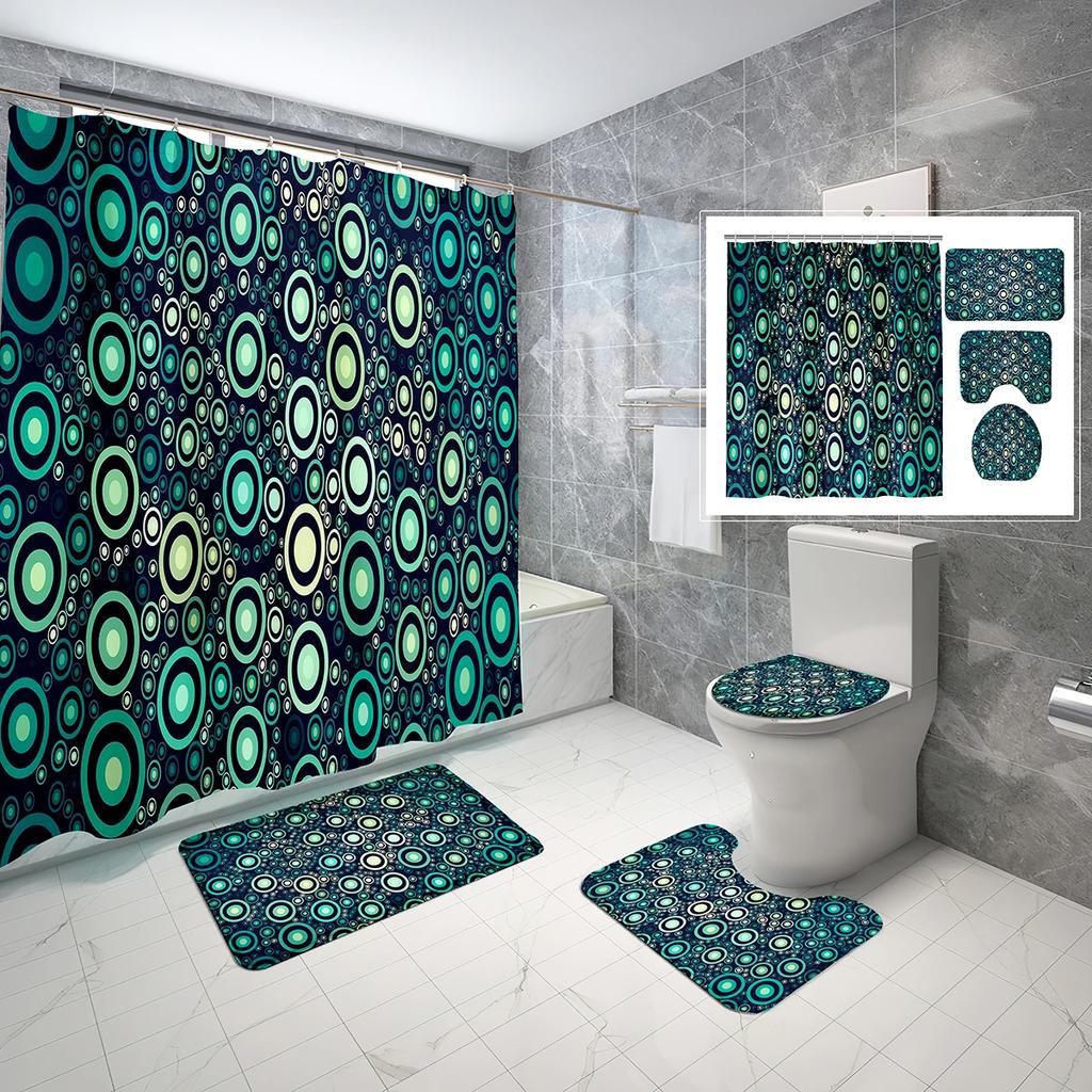 4 Sets Circles Geometry Shower Curtain Sets With Non-Slip Bath Mat,Toilet Lid Cover And Warm Color Pattern Shower Curtain Sets