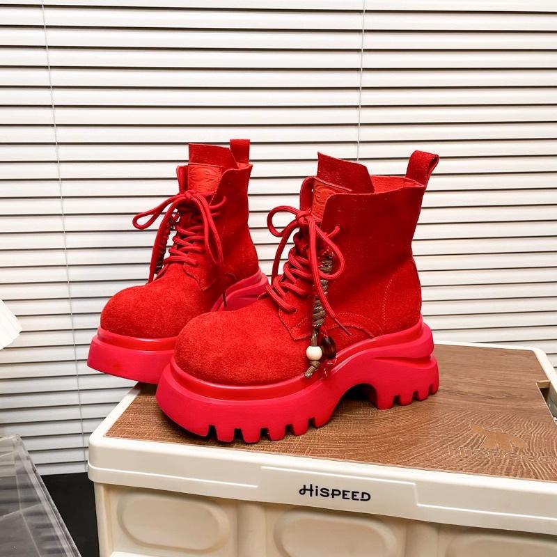 

Матовые ботинки из мягкой кожи на толстой подошве для женщин, Новые женские ботинки Осень 2025, Ботильоны на шнуровке с круглым носком для женщин 35 красный