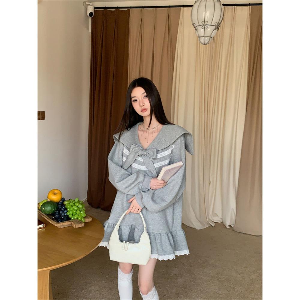 Sweet Preppy Style Mini Dress Female Clothing Fashion Lace Spliced Spring Autumn Sailor Collar Bandage Bow Basic Ruffles Dresses