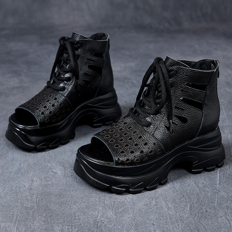 Fashion GKTINOO Women Sandals 2025 Summer Platform Thick High Heel Sandals GLADIATOR Genuine Leather Back Zipper Open Toe Cool Boots