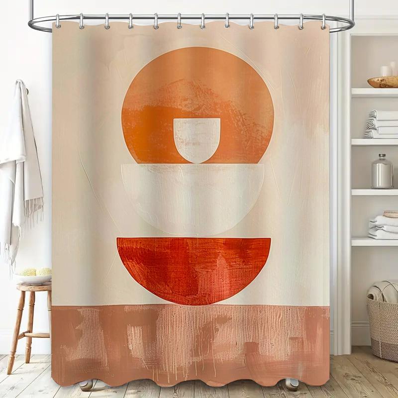 Rustic Modern Shower Curtain With Abstract Circular Design In Beige, Orange, And Red Colors Perfect For Bathroom Decorations.