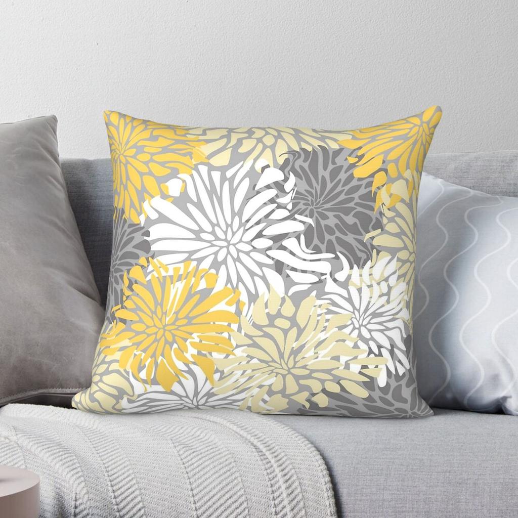 Chic Floral Yellow Gray White Square Pillowcase Polyester Linen Velvet Pattern Zip Decorative Home Cushion Cover