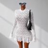 European and American Style Autumn and Winter New Sexy Spice Girl Lace Perspective Long-sleeved Ruffle Edge Slim Mini Dress