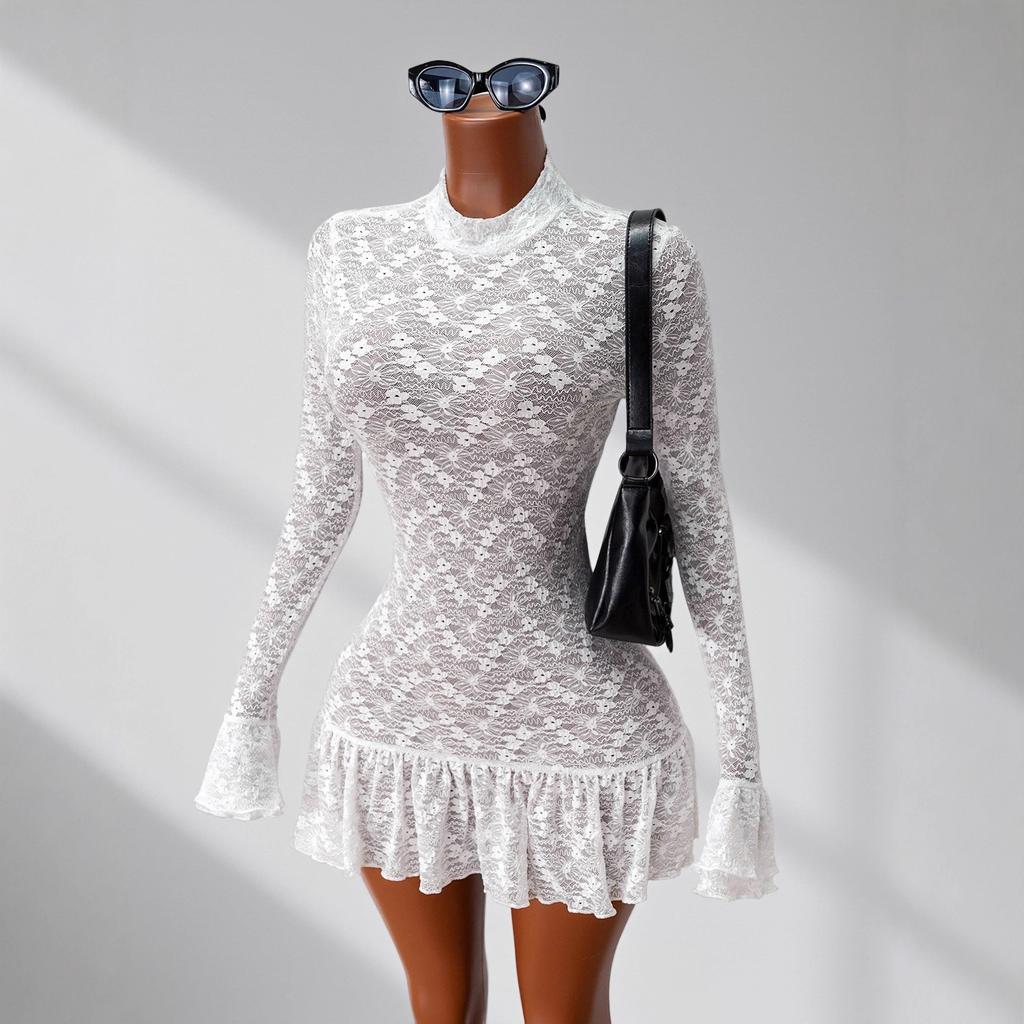 European and American Style Autumn and Winter New Sexy Spice Girl Lace Perspective Long-sleeved Ruffle Edge Slim Mini Dress