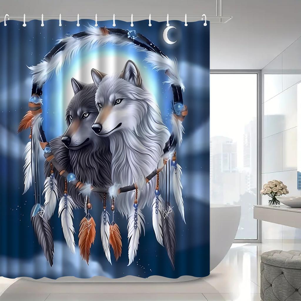 Wolf Dreamcatcher Shower Curtain Native American Art Feather Design Spiritual Decor Waterproof Fabric Bath Curtain Set Home