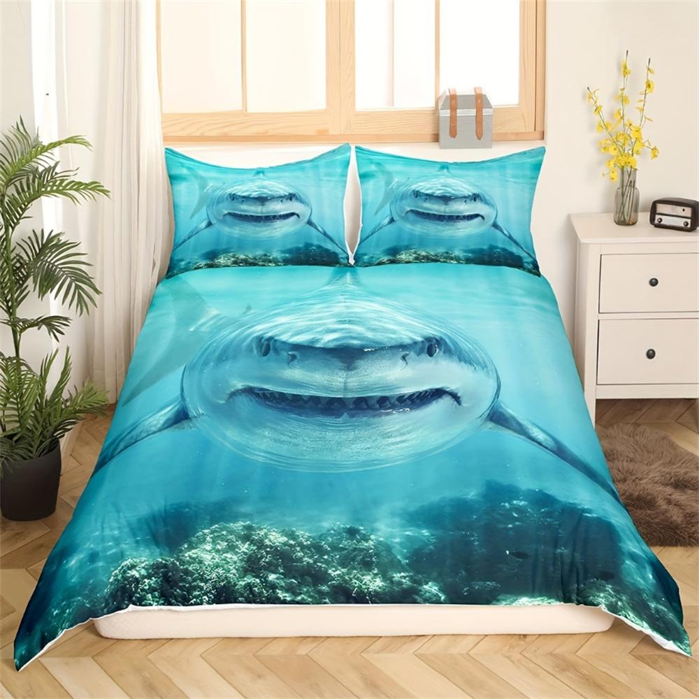 3pcs Vibrant 3D Shark Bedding Set - Soft, Ocean-Inspired Duvet Cover with Shark Fish Print, Breathable, Hypoallergenic, No Fille