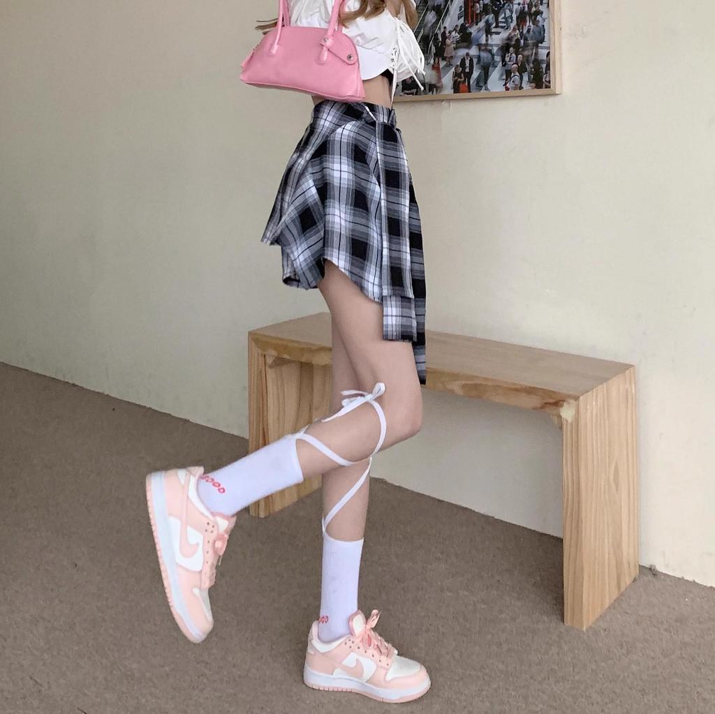 Women's Summer Retro High-Waist Irregular Plaid Midi Skirt with Faux Two-Piece Shorts