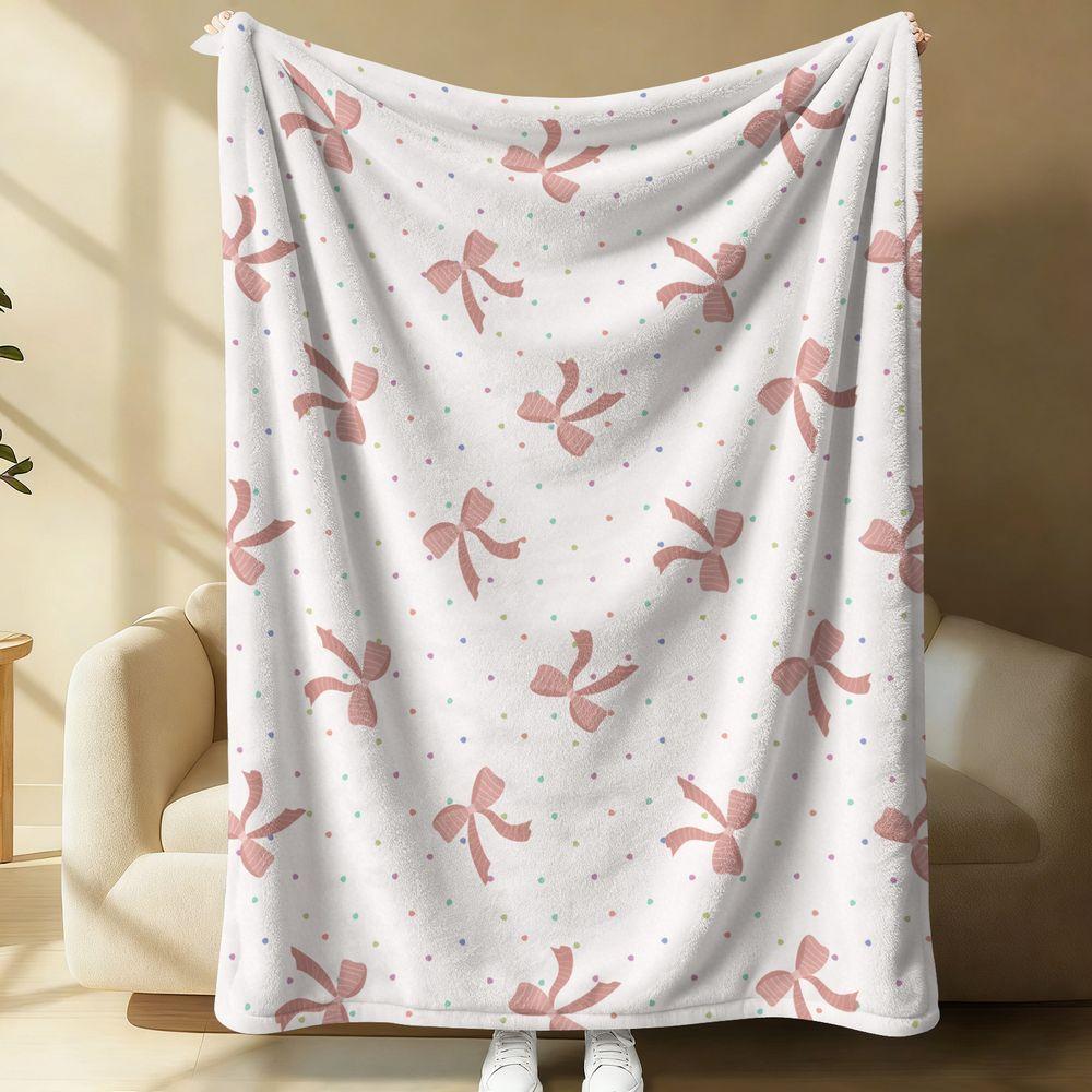 Soft Bow Print Flannel Blanket Aesthetic Pastel Throw Blanket Cozy Bed Sofa Blanket Kids Room Decor Warm Gift Blanket 75X95CM
