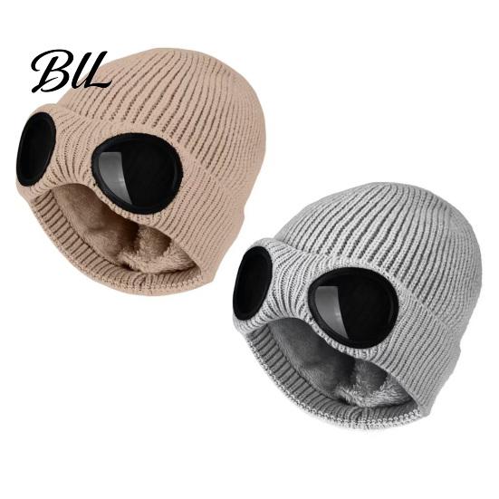 Casual Winter Accessory for Outdoor Activities 2Pcs Fleece Lined Hats with Goggles, Warm Knit Durable Cap Cold Weather Hats, Windproof Skiing Caps Men