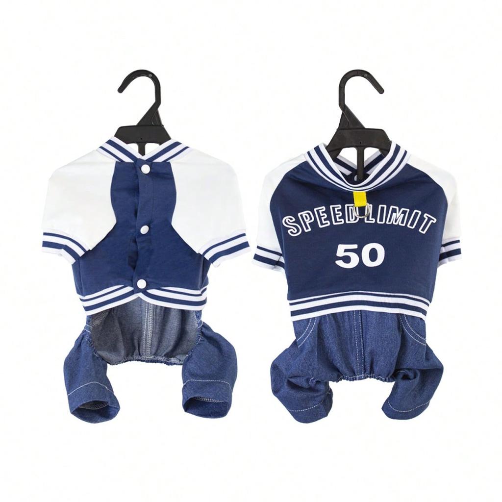 Pet 4-Leg Jumpsuit In Navy and Print Color Block Design, Letter Print, for Cats & Dogs, Suitable for Spring/Autumn