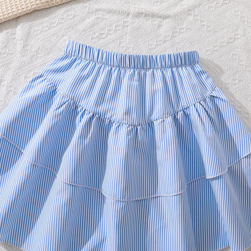 Girls' Fashionable Sky-blue Outfit - Summer Children's Elegant Top and Skirt Set