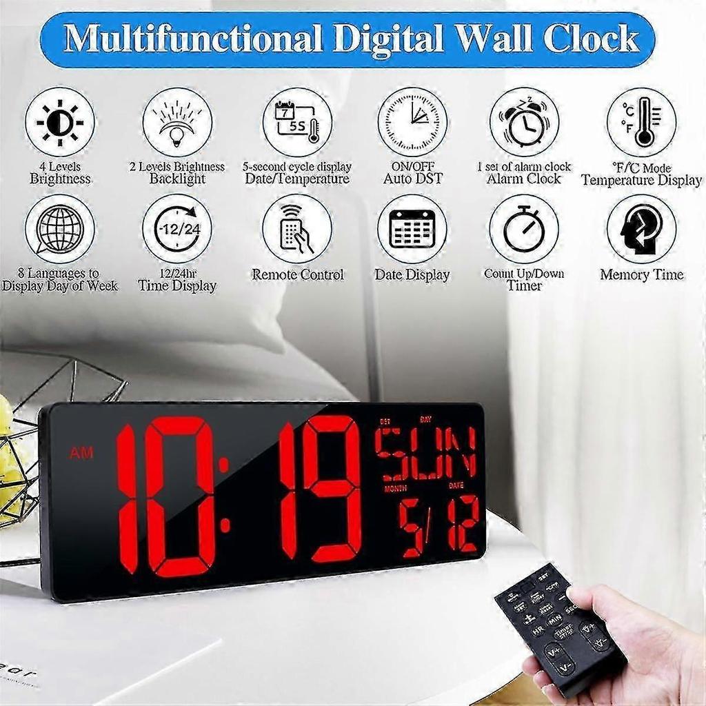 17.2 Inch Large LED Digital Wall Clock with Date & Week,Auto Brightness Adjustment,Compatible with Multiple Brands,EU Plug