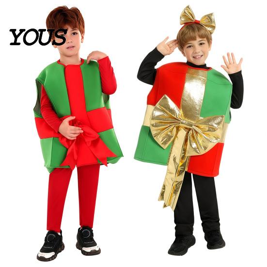 Indoor Outdoor Winter Play Clothes Christmas Box Costume for Kids, Santa Gift Dress Up Outfit Festive Holiday Performance Party, Soft Plush