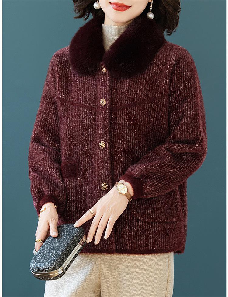 Women's Stylish Winter Coat: Middle-aged and Elderly Imitation Mink Velvet Woollen Thick Knit Cardigan Top