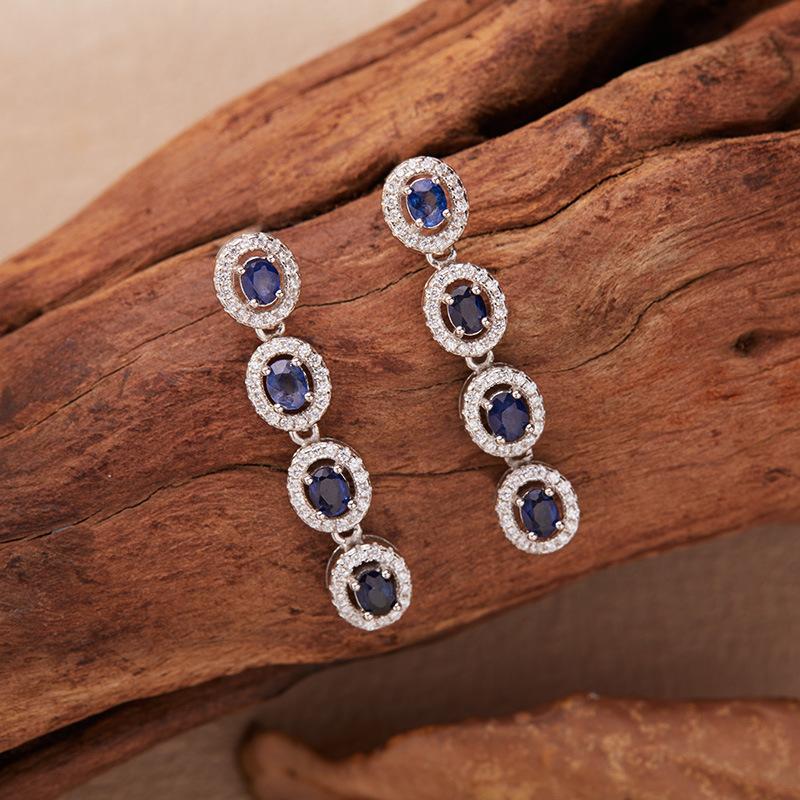 Fashion Luxury Natural Sapphire Tourmaline Stud Earrings Women'S S925 Sterling Silver Colored Treasure Long Fringed Earrings