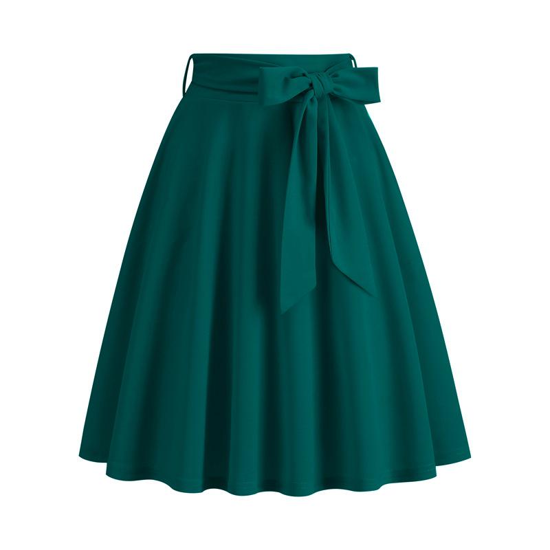 European & American Women's Retro Belted A-line Skirt with Hepburn Style Bow Pockets
