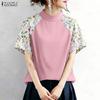 ZANZEA Women Casual Stand Collar Print Splice Half Sleeve Summer Blouse