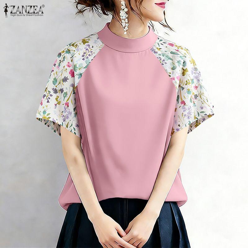 ZANZEA Women Casual Stand Collar Print Splice Half Sleeve Summer Blouse