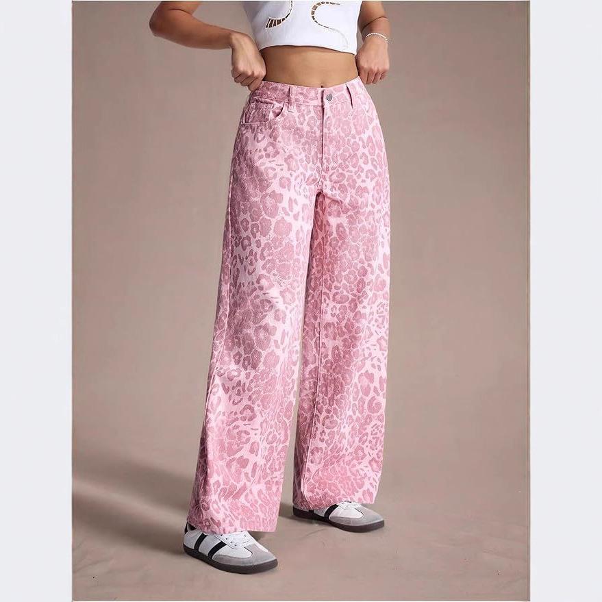 Women's Pink Leopard Print Wide Leg Jeans, Loose Fit