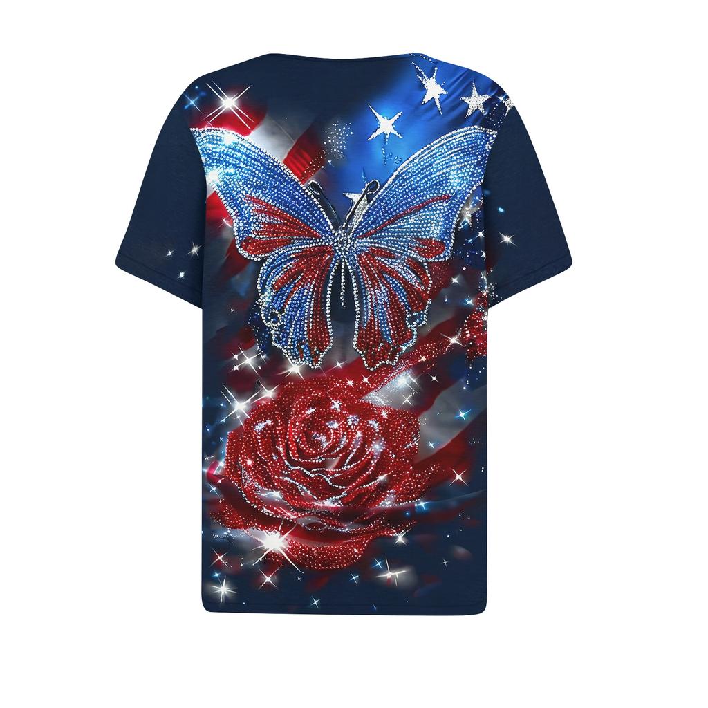Women's Casual V Neck Short Sleeve T Shirt with Button Detail Independence Day Print Butterfly and Floral Pattern Top