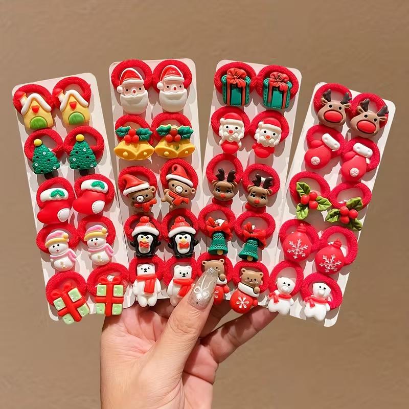 10PCS Kids Girls Christmas Hair Ties Cute Santa Claus Reindeer Design Festive Hair Accessories Holiday Parties Decorations