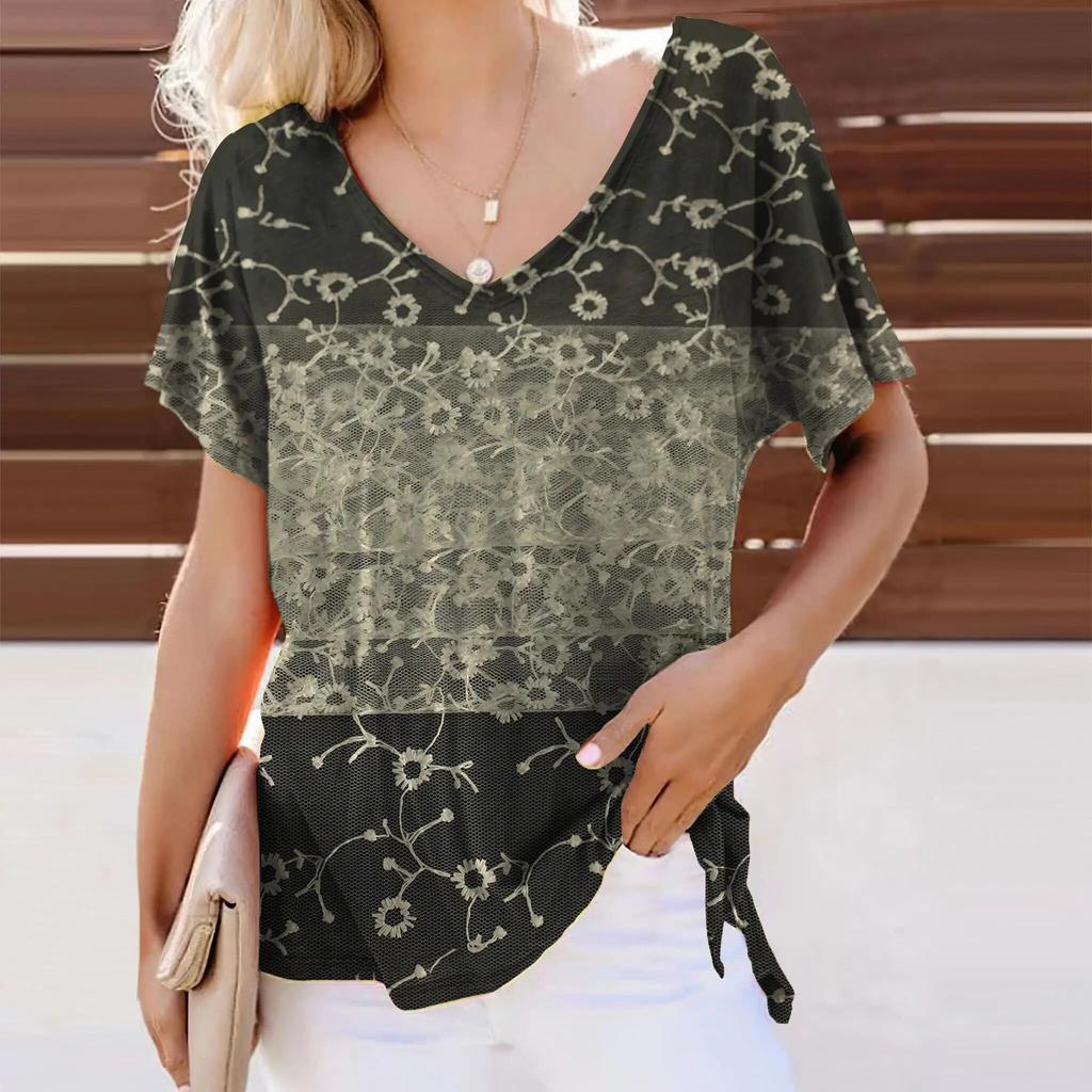 Tričko s krajkovým potiskem Pro ženy Výstřih do V Krátký rukáv Dámské oblečení Volné Ležérní Léto Tričko Móda Streetwear Dámské Tričko Top