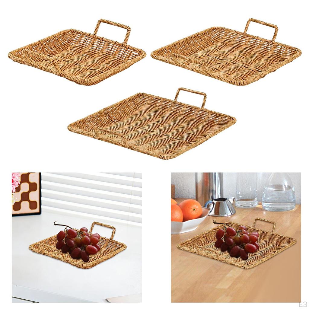 , Square, Woven Tray with Handle, Ideal for Home, Snacks, Fruit, Kitchen And Desk.