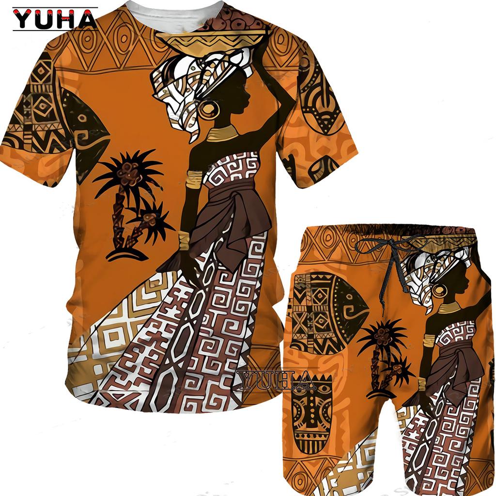 YUHA,Short Sleeve Plus Size Men Retro Ethnic Print Tracksuit Couple Dashiki Clothes Summer African Men's T Shirt Shorts Two Piec