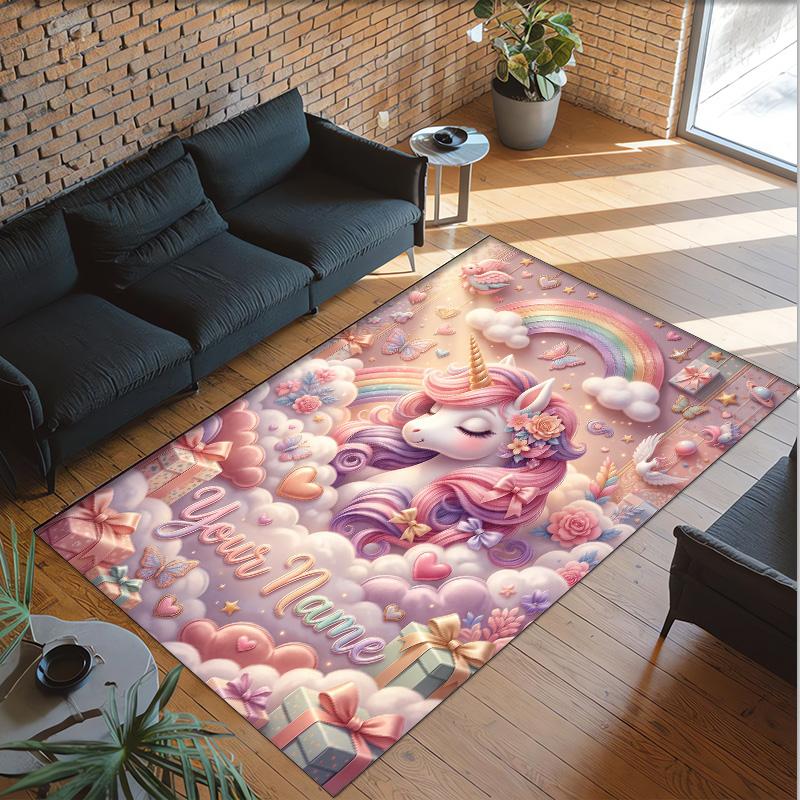 Alfombra de Suelo de Terciopelo de Cristal con Temática de Unicornio, Alfombra Cálida Personalizada con Nombre y Texto, Decoración del Hogar