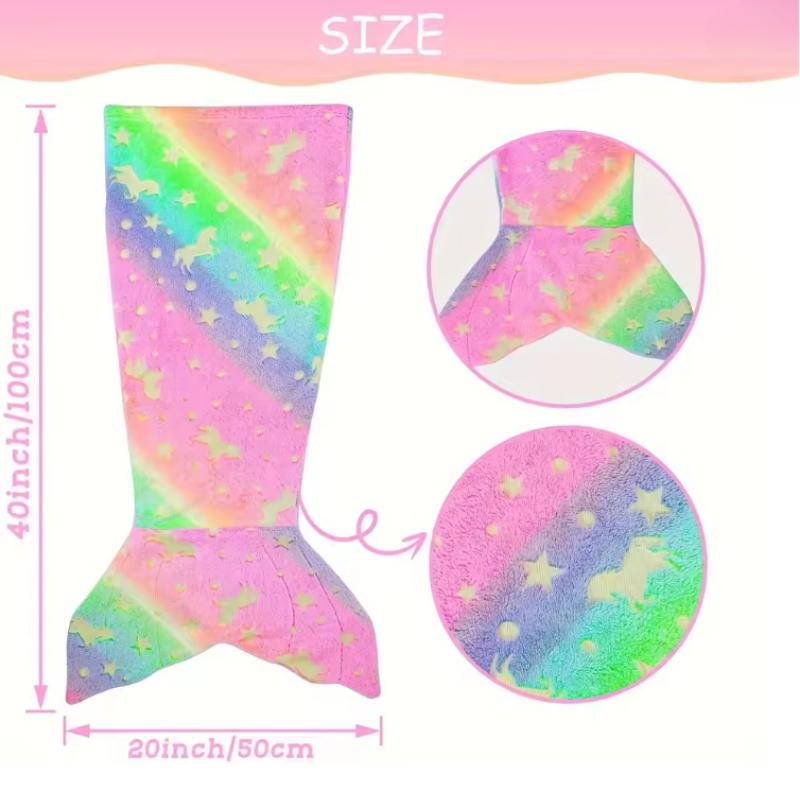Cartoon Rainbow  Mermaid Tail Blanket Super Soft Glow In The Dark Flannel Mermaid Tail Blanket Girls Sleeping Bag