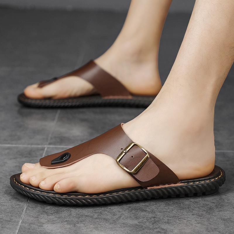 Übergröße Mode Weiches Leder Herren Flip-Flops Outdoor Wasserdichte Strandsandalen Sommer Herren Hausschuhe